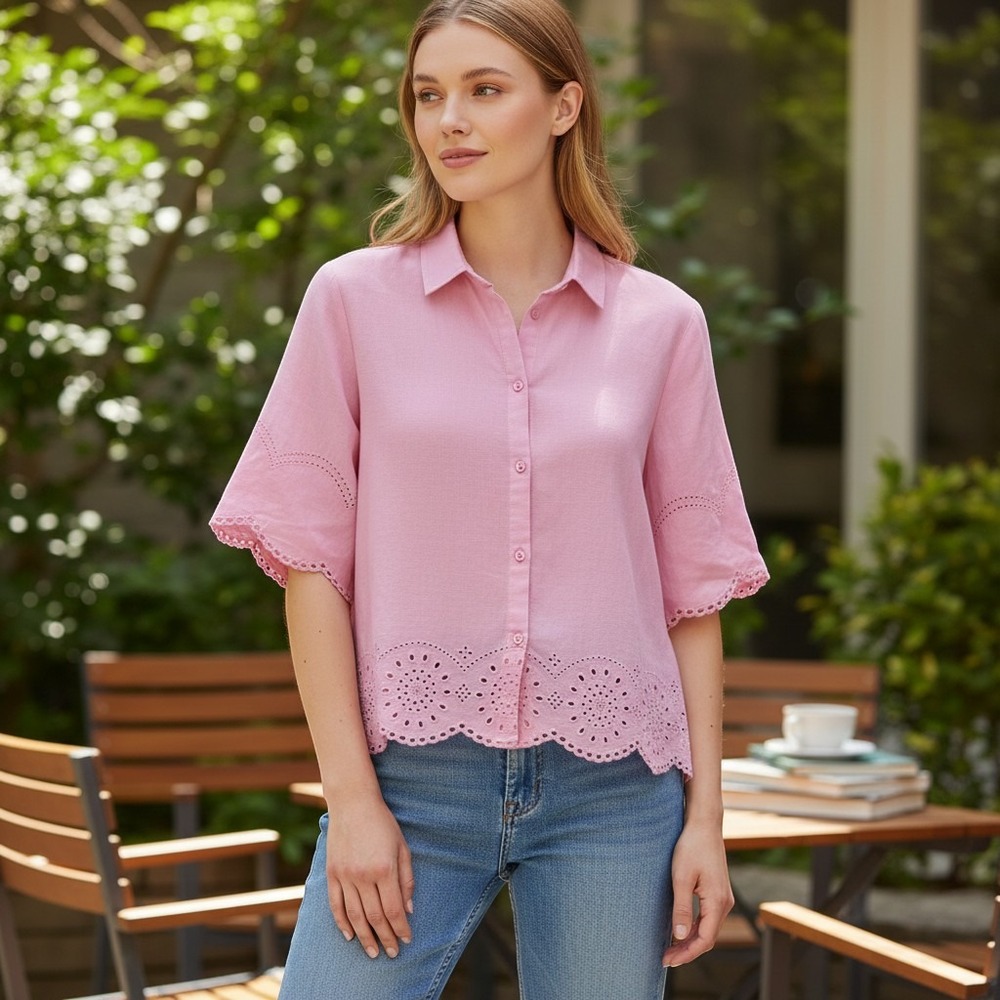 Beachlunchlounge Pink Eyelet Scallop Hem Button Down Short Sleeve Shirt Medium